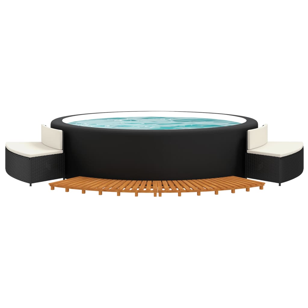 Elegant Retreat: Black Poly Rattan Hot Tub Enclosure with Solid Acacia Wood Accents