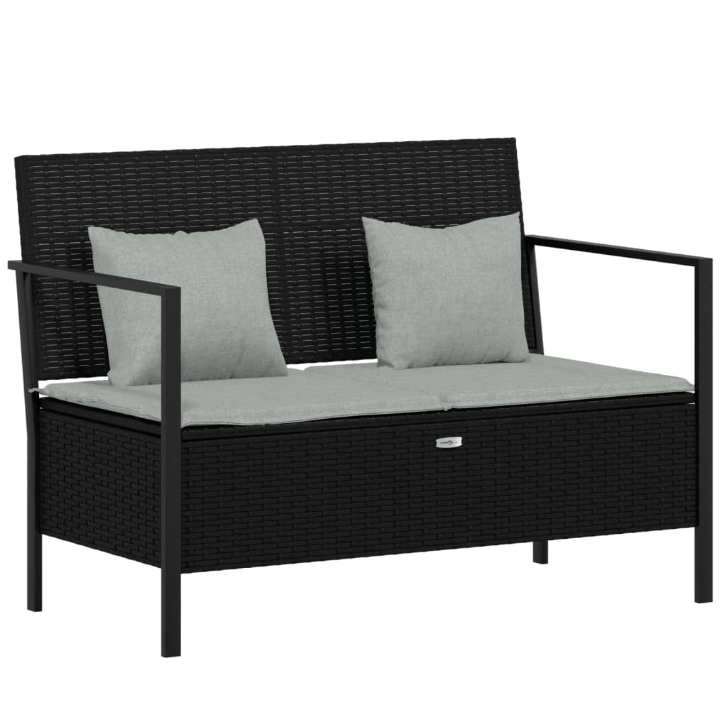 Rattan Elegance: Black 2-Seater Garden Bench with Cushions
