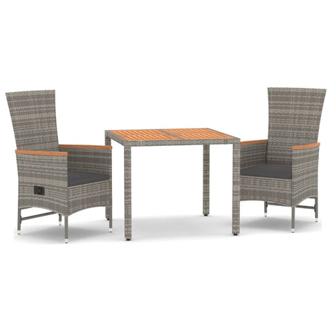 3-Piece Poly Rattan Garden Dining Set in Grey with Cushions