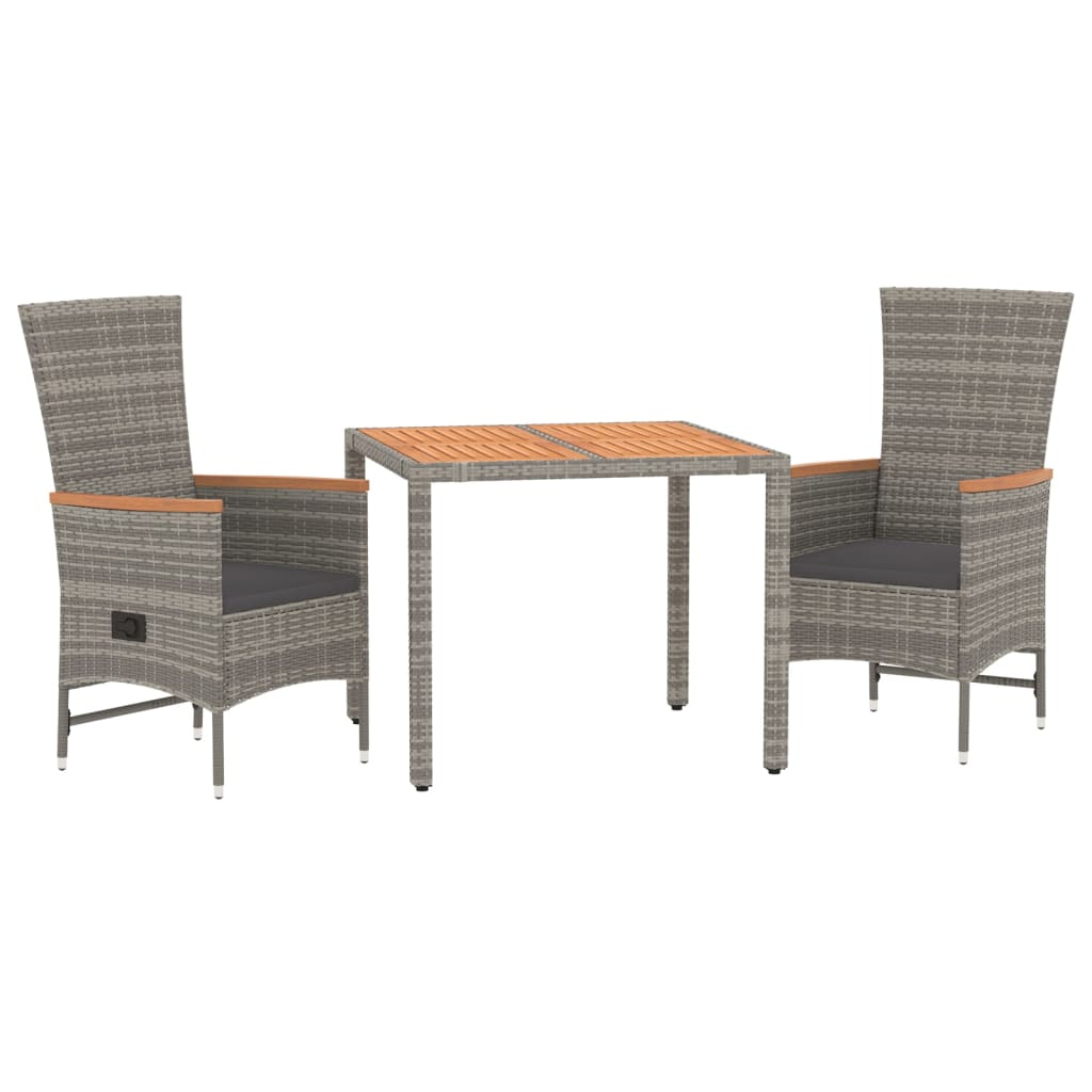 3-Piece Poly Rattan Garden Dining Set in Grey with Cushions