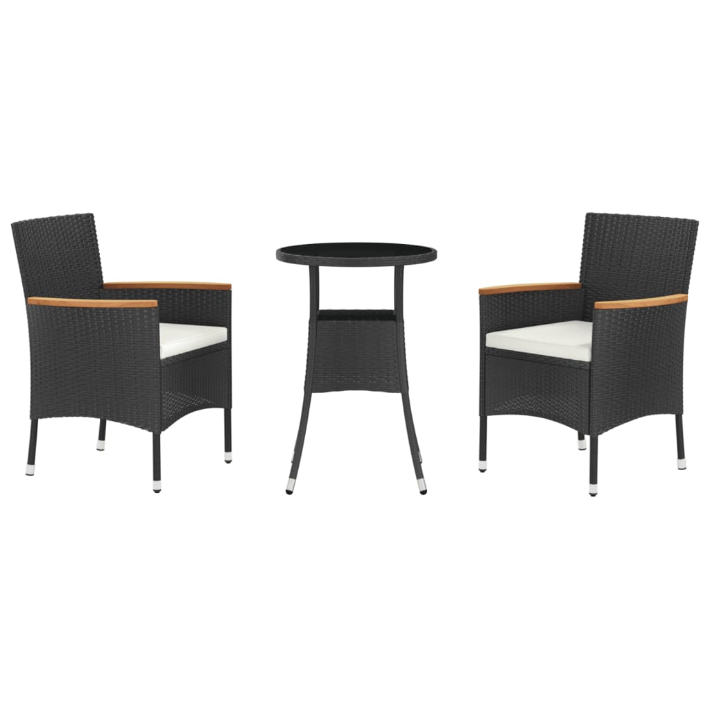 Black colour - 3 Piece Garden Bistro Set with Cushions Black Poly Rattan