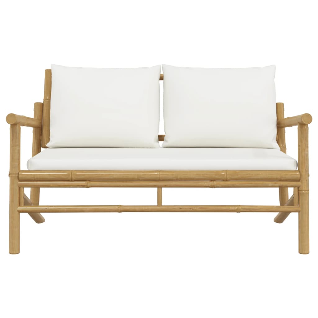 Bamboo Garden Bench with Cream White Cushions