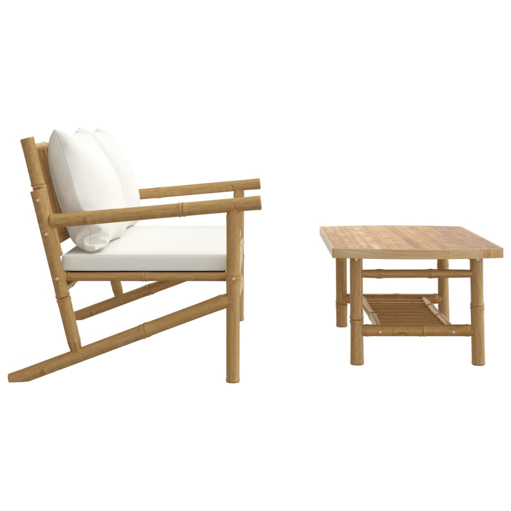 Bamboo 2-Piece Garden Lounge Set with Cream White Cushions