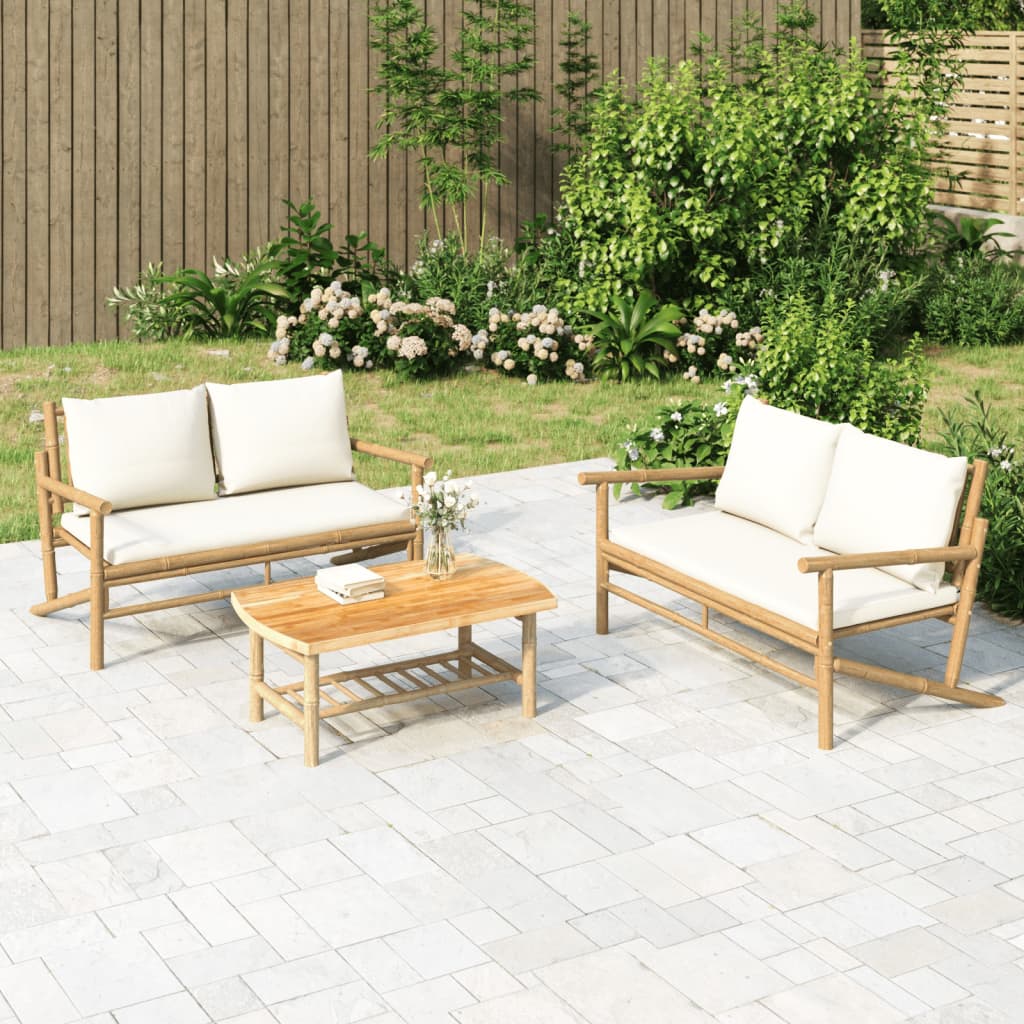 Bamboo 2-Piece Garden Lounge Set with Cream White Cushions