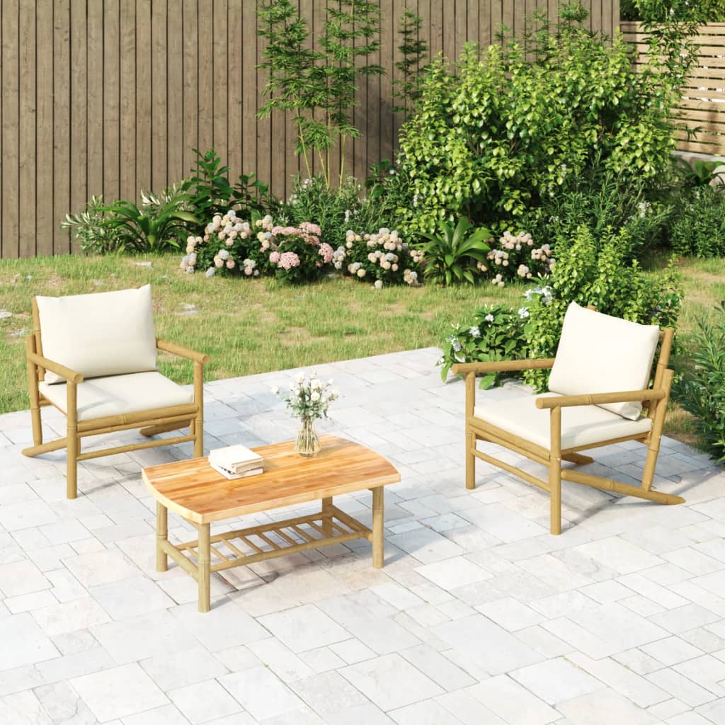 Bamboo Garden Chairs (Set of 2) with Cream White Cushions