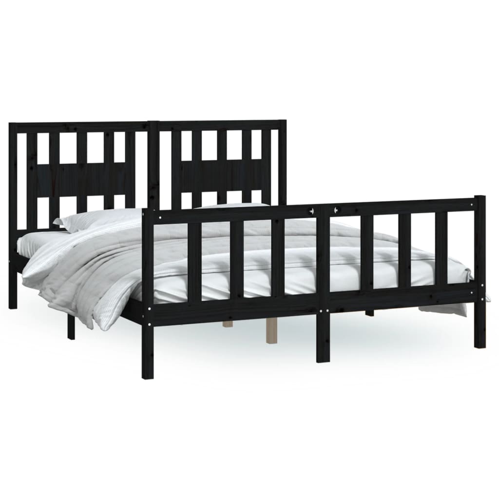 Midnight Majesty: Black Solid Wood Pine Queen Size Bed Frame with Headboard