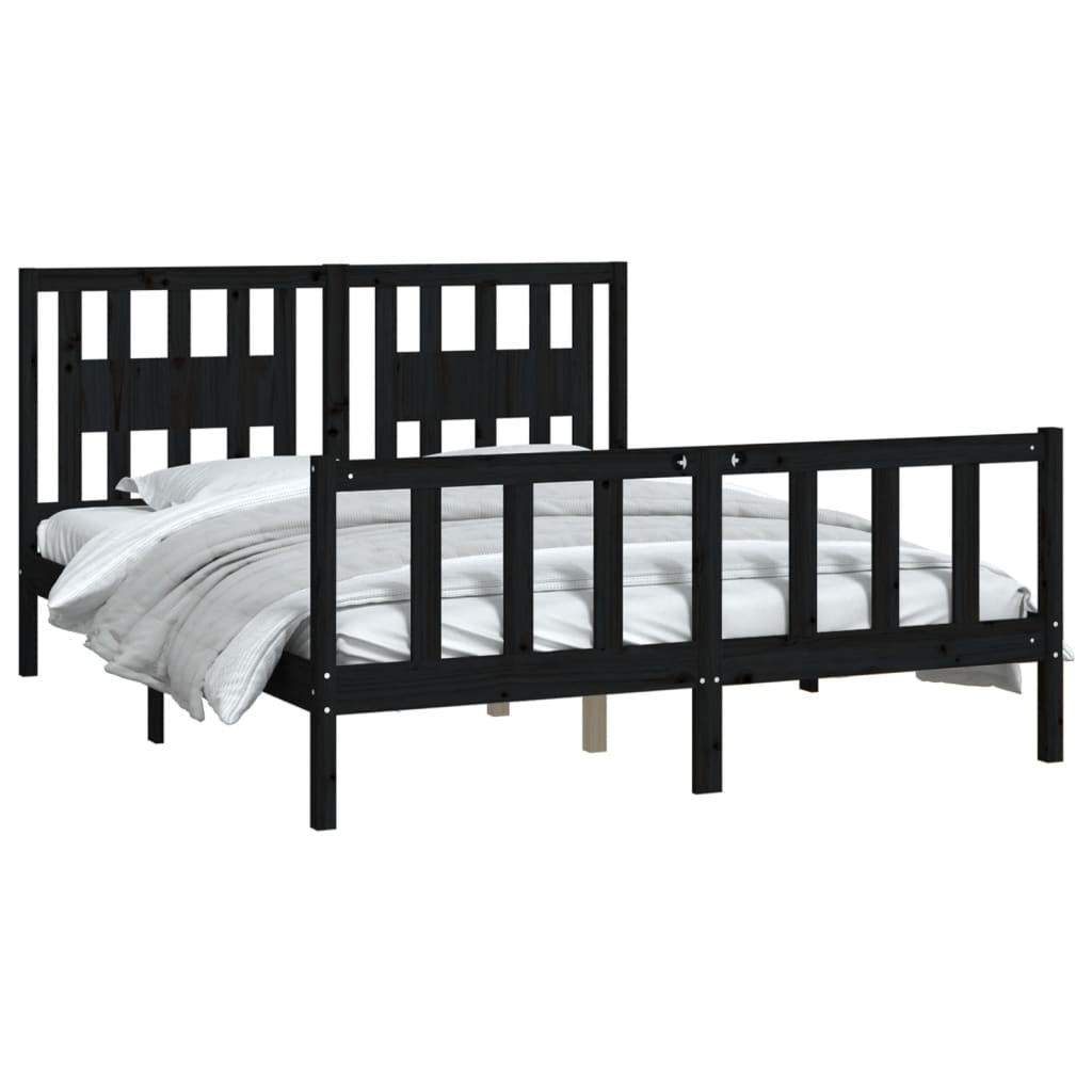 Midnight Majesty: Black Solid Wood Pine Queen Size Bed Frame with Headboard