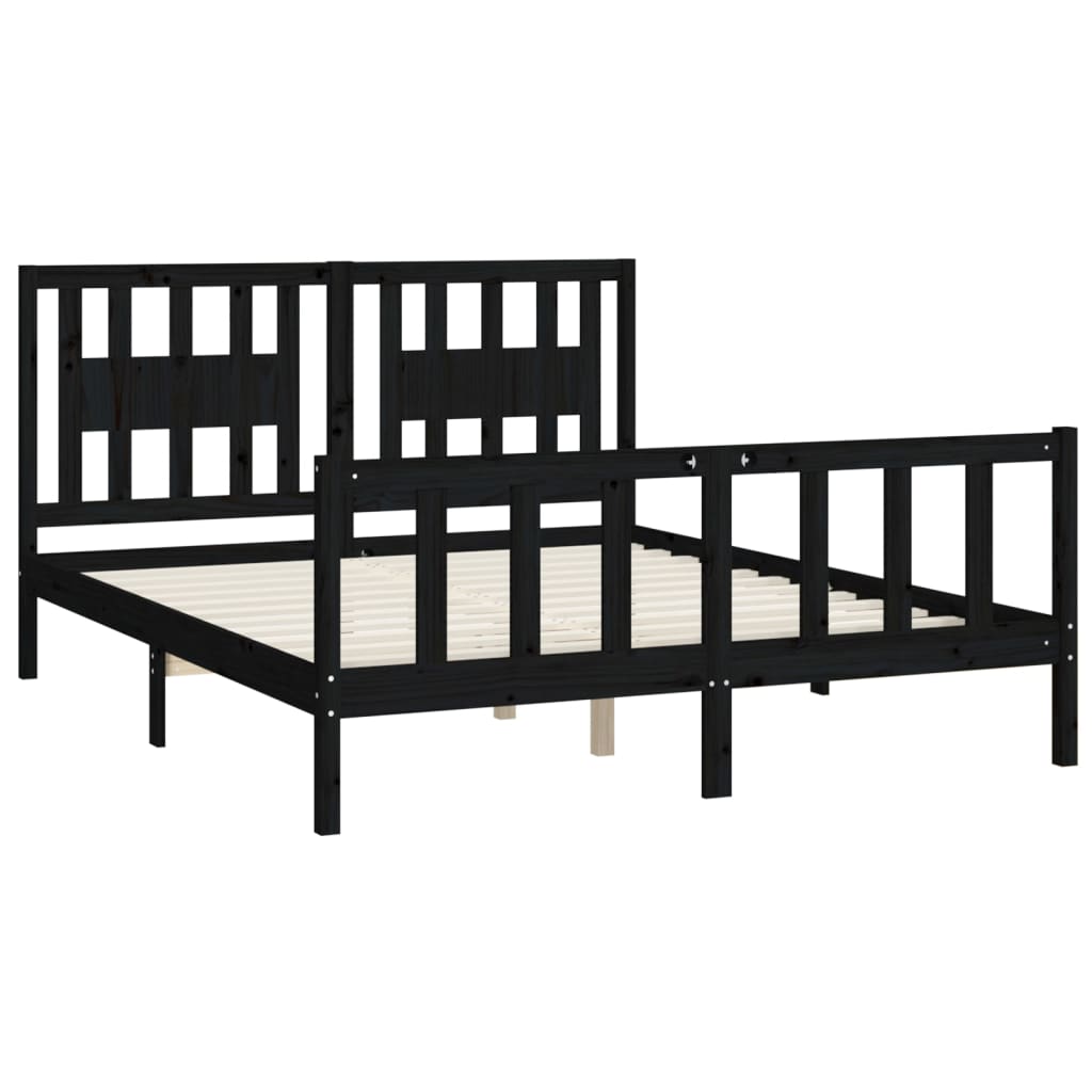 Midnight Majesty: Black Solid Wood Pine Queen Size Bed Frame with Headboard