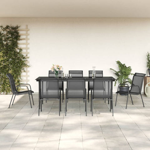 9 Piece Garden Dining Set Black Steel