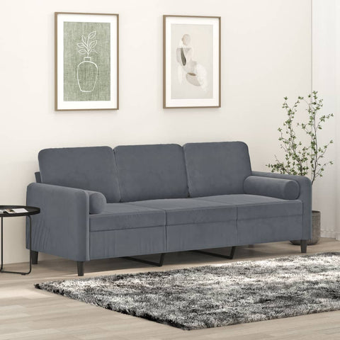 3-Seater Sofa with Throw Pillows Dark Grey Velvet