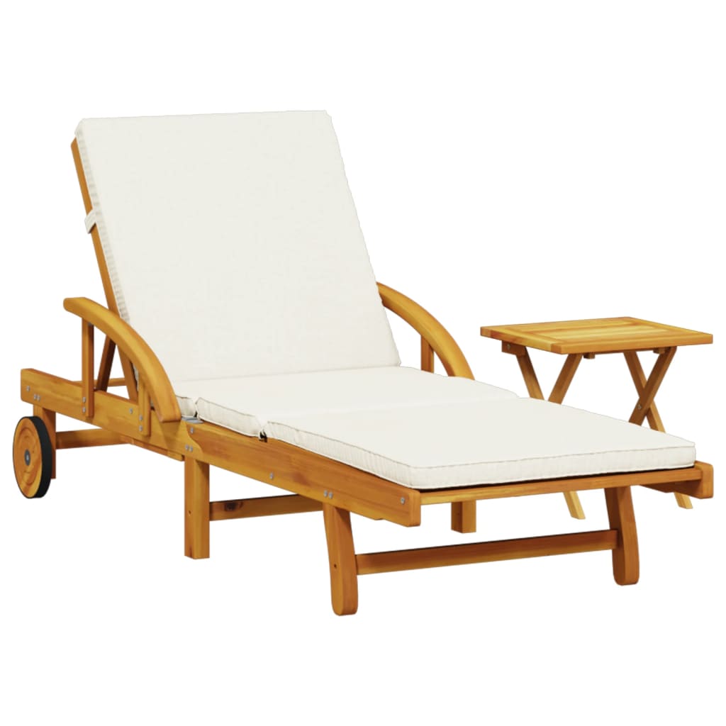 Wood finish - Sun Lounger with Cushion and Table-Solid Wood Acacia