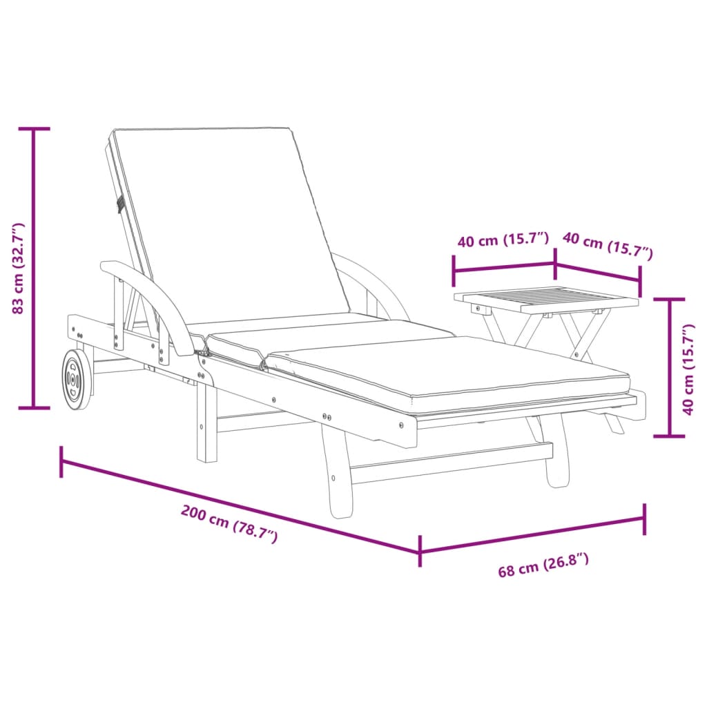 Sun Lounger with Cushion and Table-Solid Wood Acacia - Wood finish