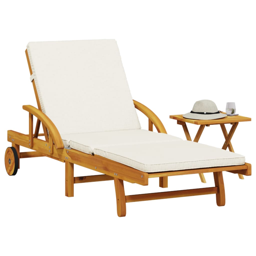 Sun Loungers - Sun Lounger with Cushion and Table-Solid Wood Acacia