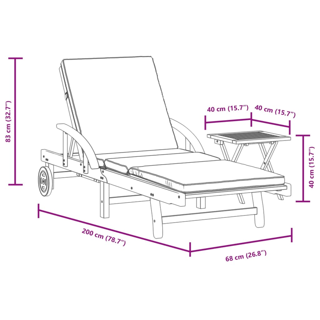 Sun Lounger with Cushion and Table Solid Wood Acacia - Wood finish