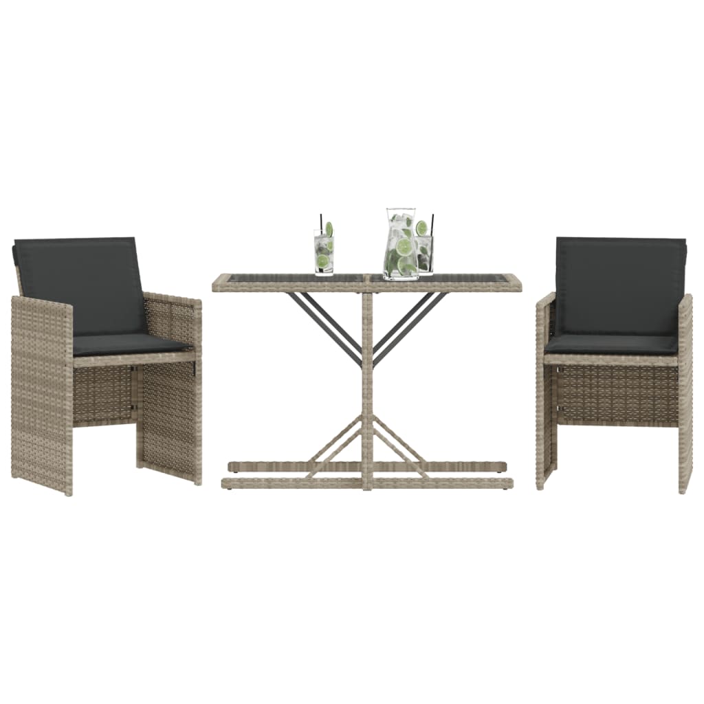 3 Piece Bistro Set with Cushions Light Grey Poly Rattan | Rattan finish