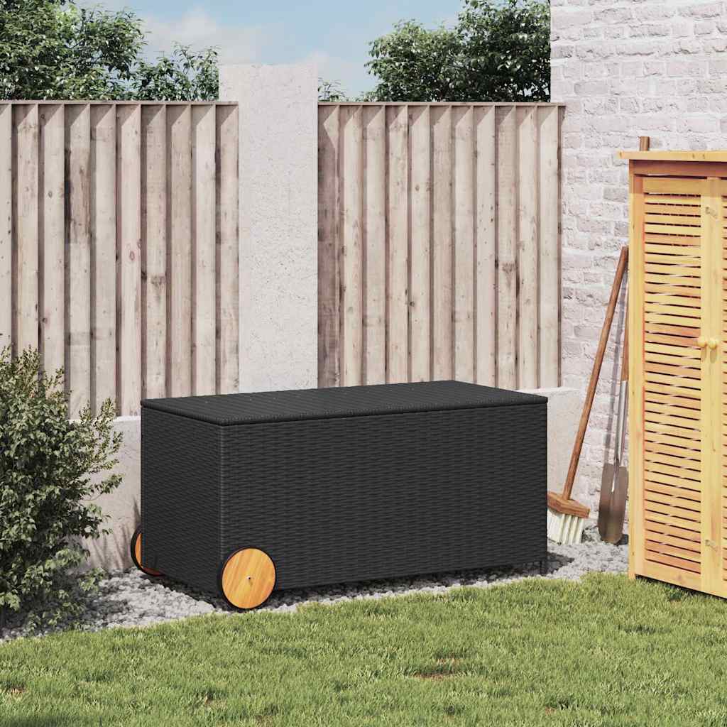 Garden Storage Box with Wheels Black 190L Poly Rattan | Rattan finish