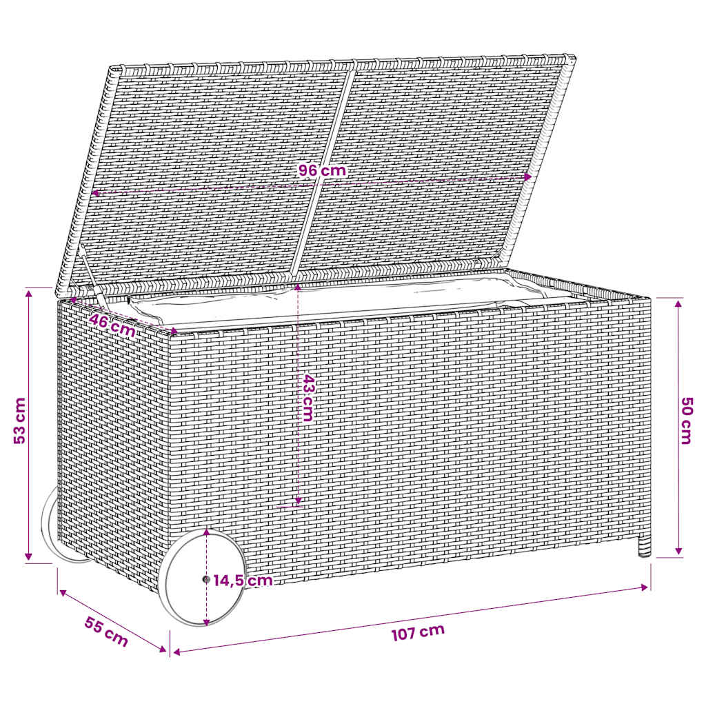 Garden Storage Box with Wheels Black 190L Poly Rattan, Rattan finish