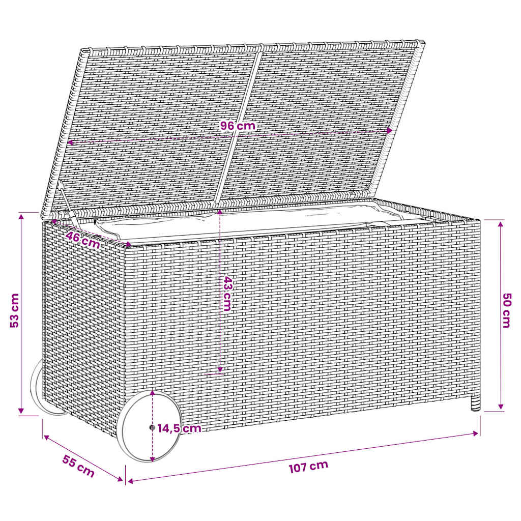 Garden Storage Box with Wheels Grey 190L Poly Rattan, Rattan finish