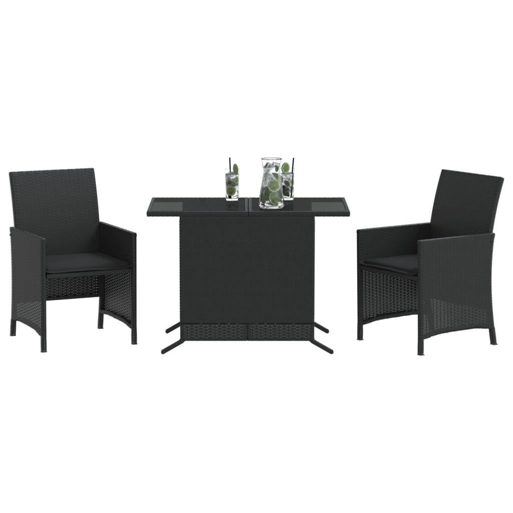 3 Piece Bistro Set with Cushions Black Poly Rattan | Rattan finish