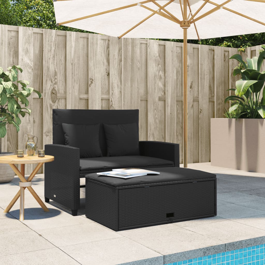 Garden Sofa with Cushions 2-Seater Black Poly Rattan | Rattan finish