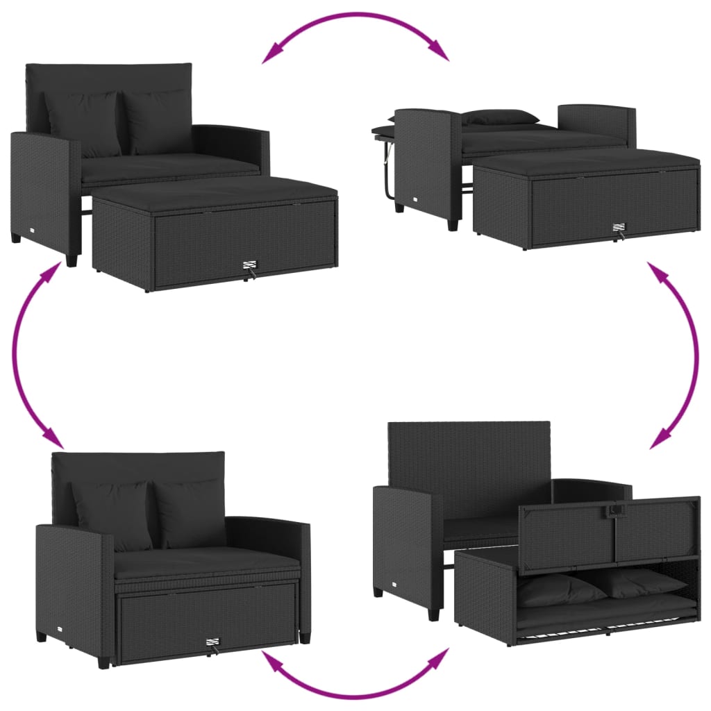 Rattan finish - Garden Sofa with Cushions 2-Seater Black Poly Rattan