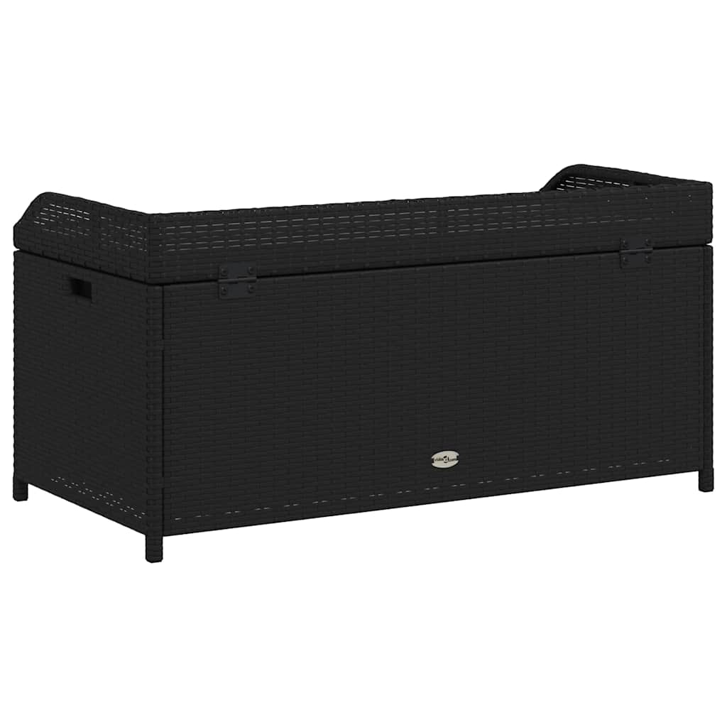 Storage Bench Black Poly Rattan and Acacia Wood, Outdoor Benches