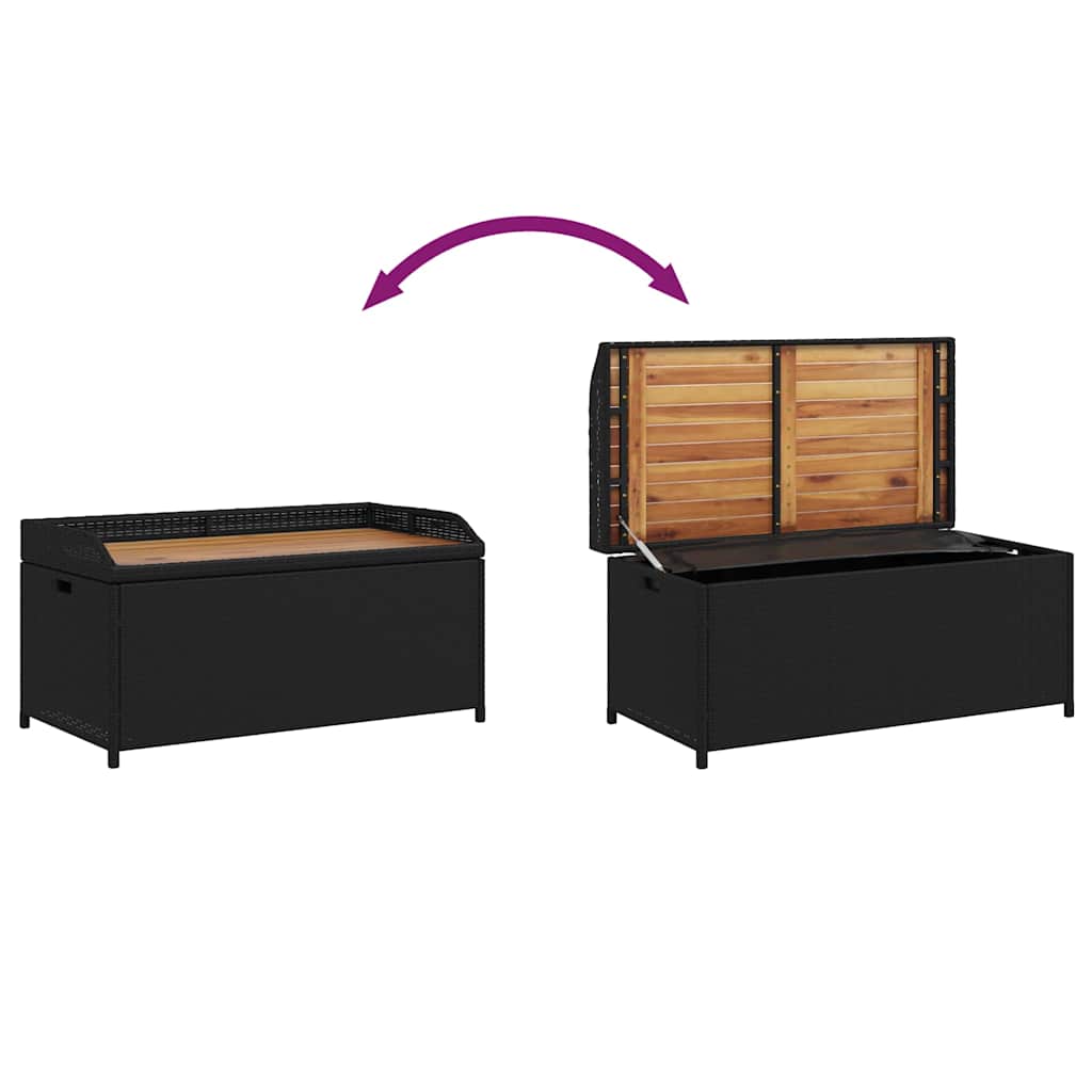 Storage Bench Black Poly Rattan and Acacia Wood, Black colour