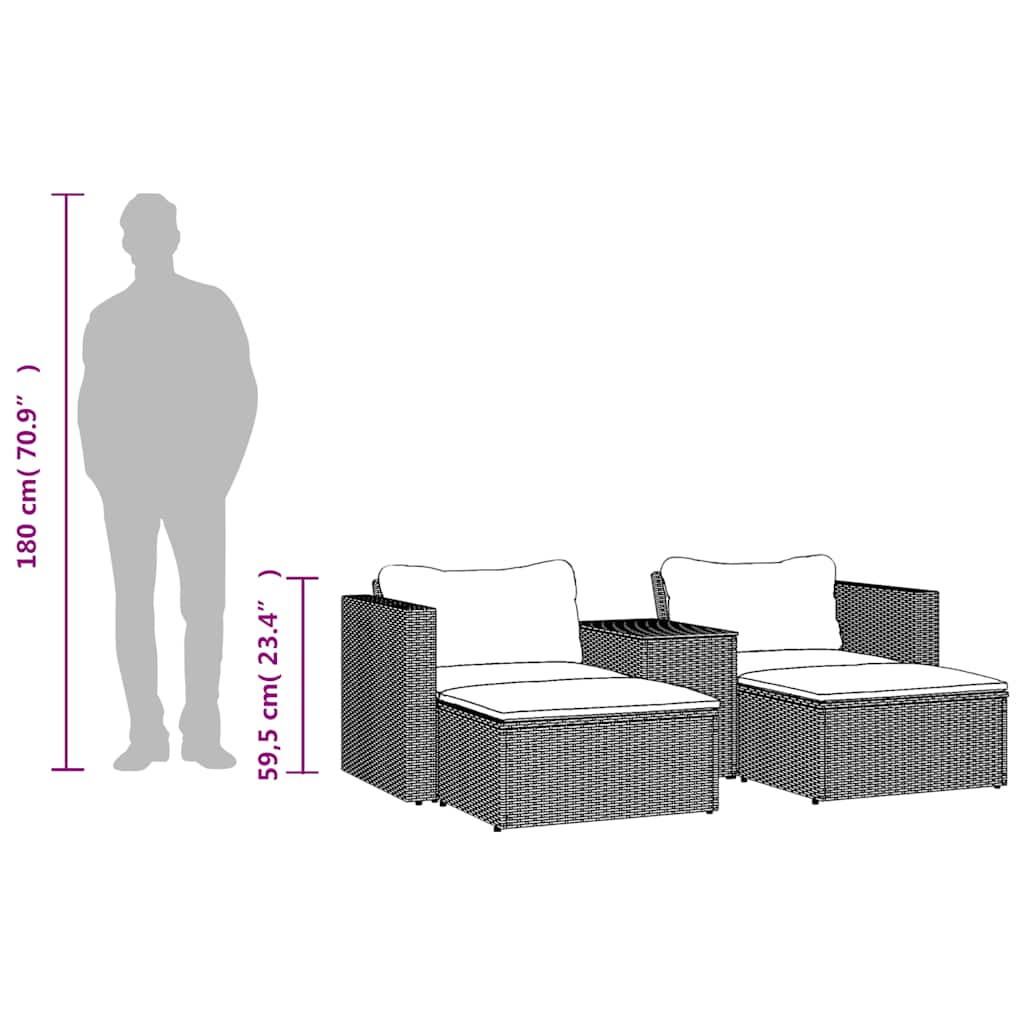 5 Piece Garden Sofa Set with Cushions Black Poly Rattan