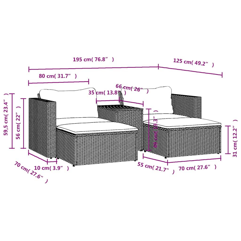 5 Piece Garden Sofa Set with Cushions Black Poly Rattan