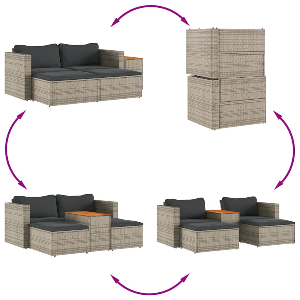 5 Piece Garden Sofa Set with Cushions Grey Poly Rattan Acacia, Outdoor Sofas