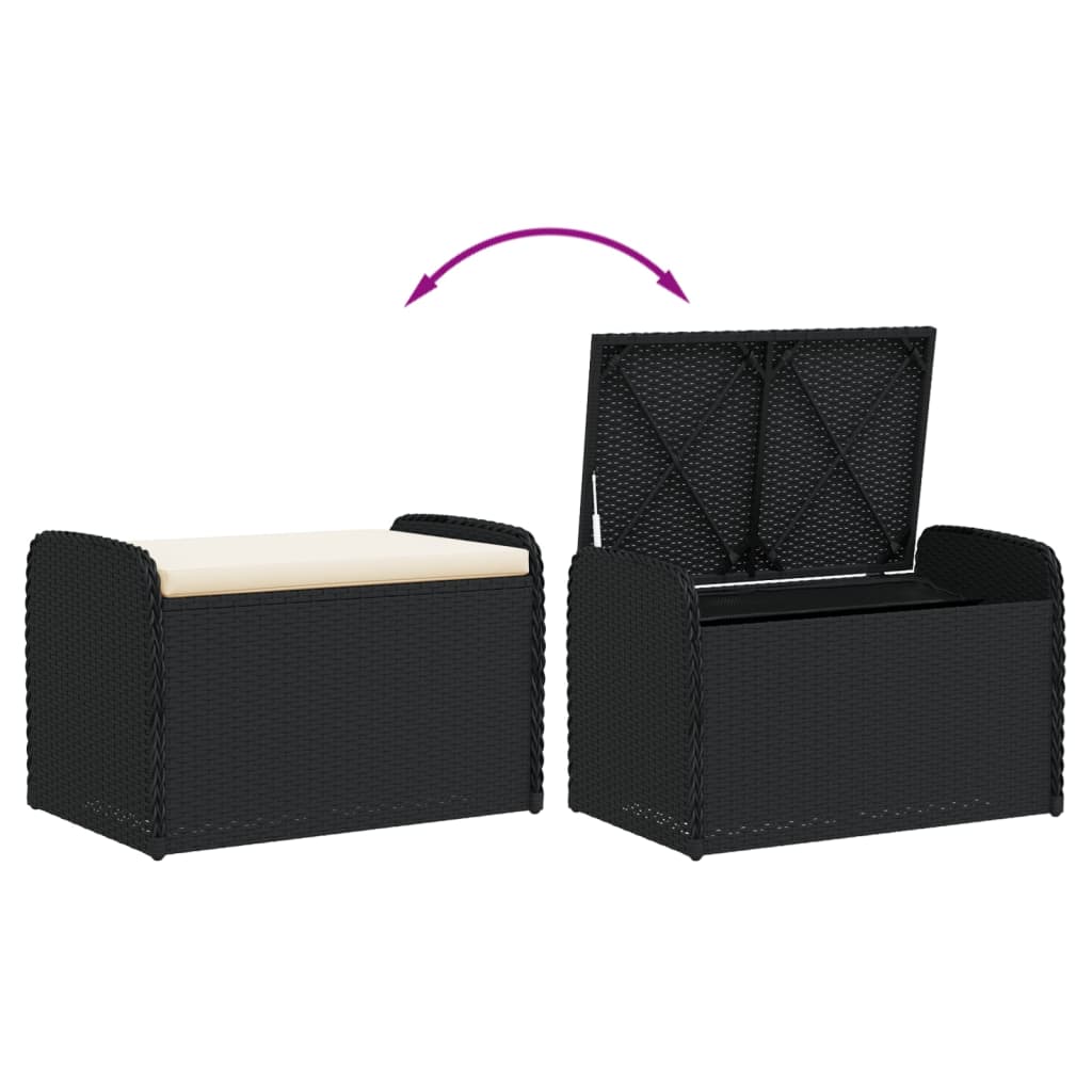 Storage Bench with Cushion Black Poly Rattan