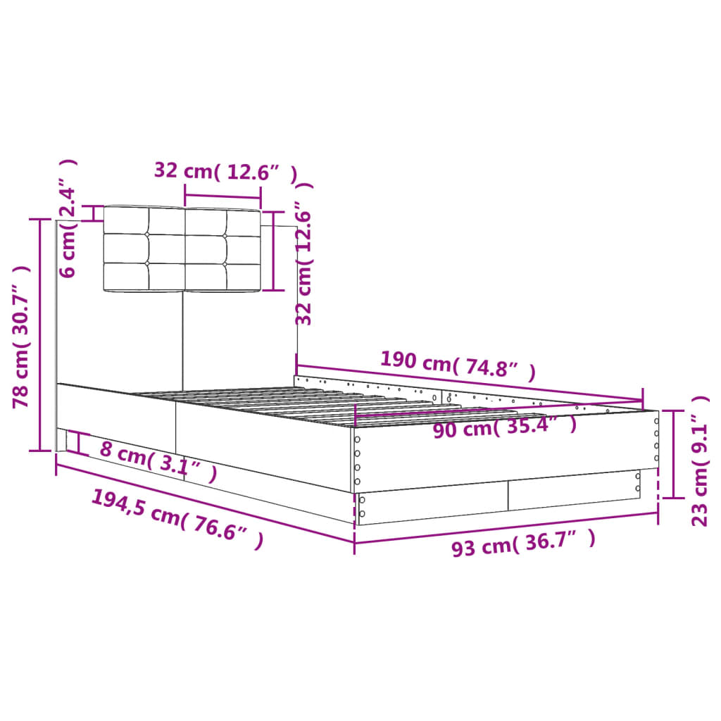 Bed Frame with Headboard Black Engineered Wood - Single Size