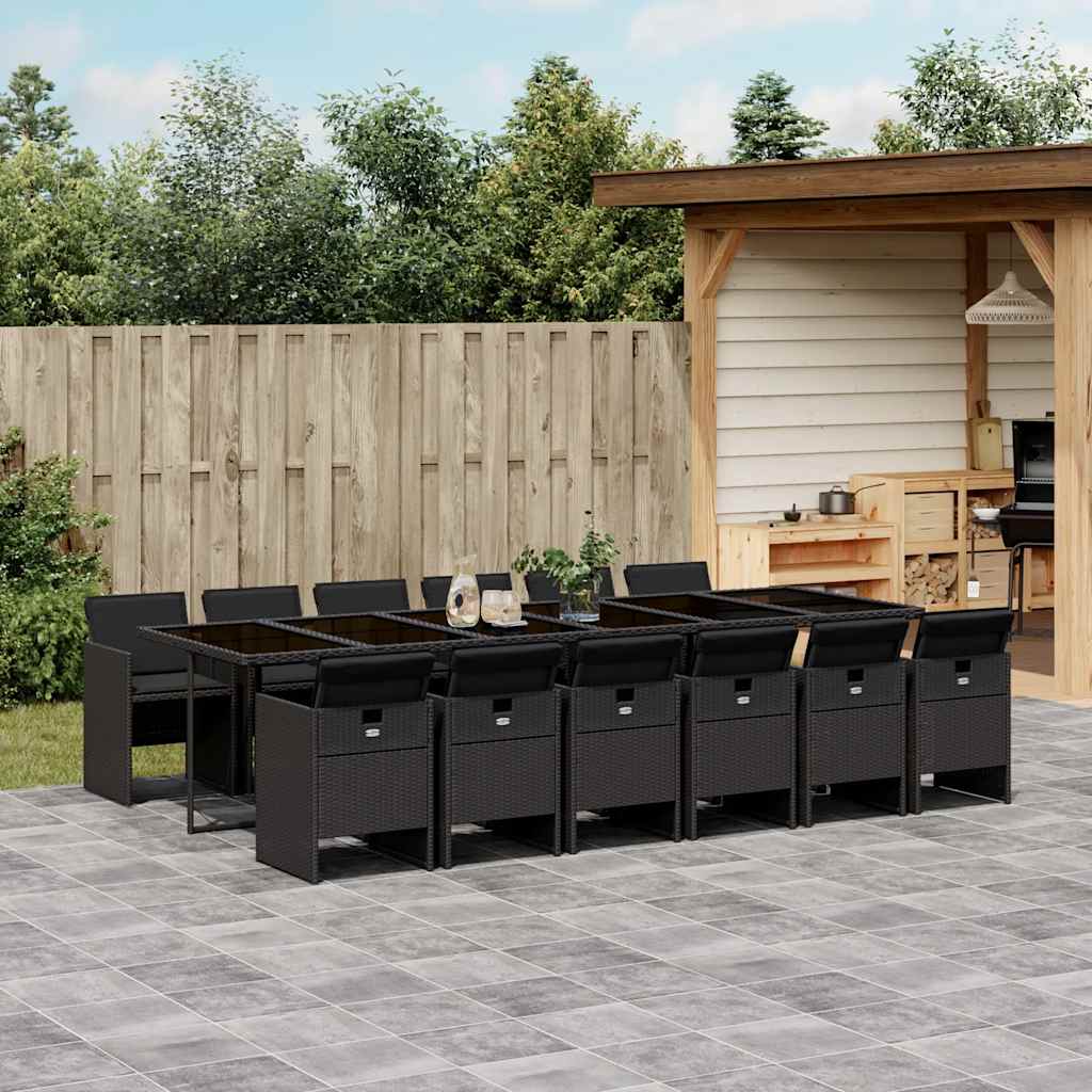 13-Piece Garden Dining Set with Cushions Black Poly Rattan