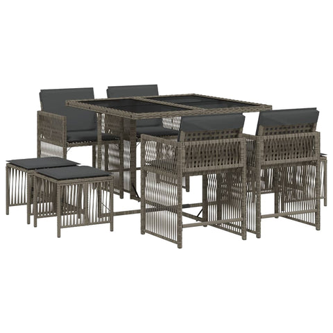Elegance: 9-Piece Grey Poly Rattan Dining Set with Cushions