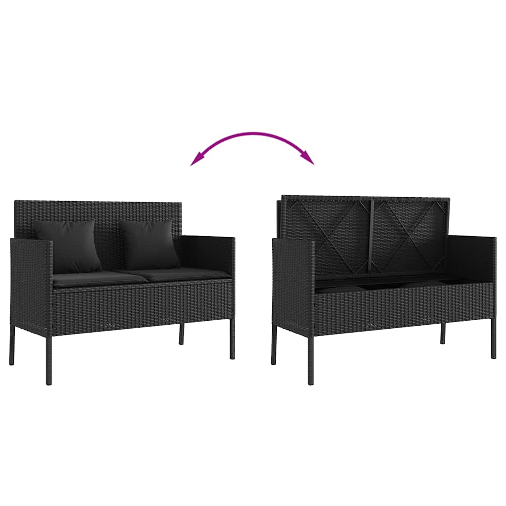 Garden Bench with Cushions Black Poly Rattan | Black colour