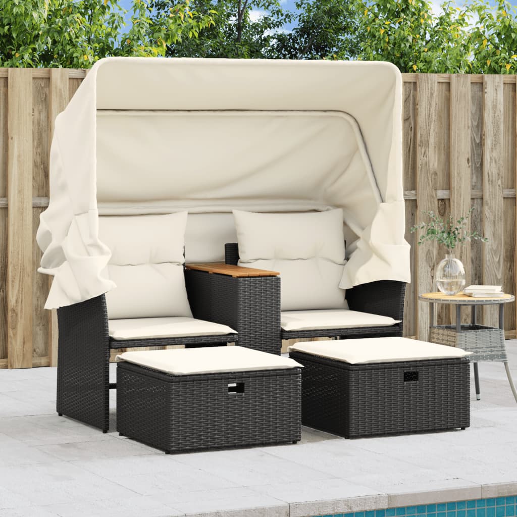 Garden Sofa 2-Seater with Canopy and Stools Black Poly Rattan