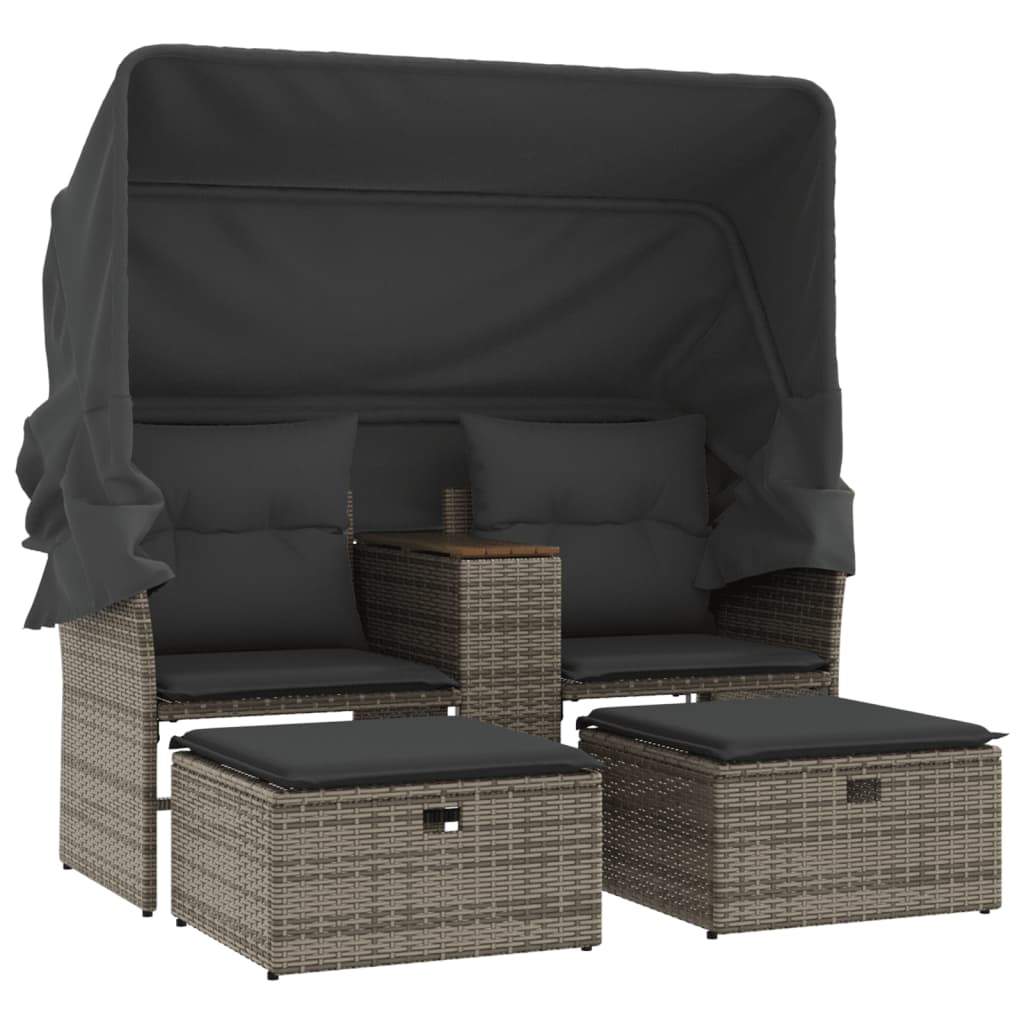 Grey colour - Garden Sofa 2-Seater with Canopy and Stools Grey Poly Rattan