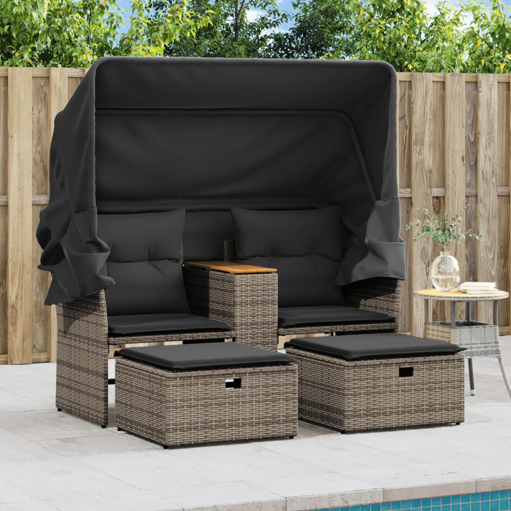 Garden Sofa 2-Seater with Canopy and Stools Grey Poly Rattan | Rattan finish