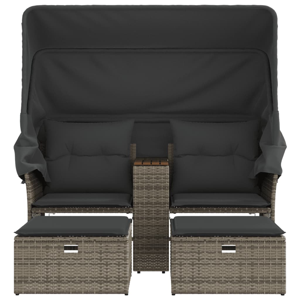 Outdoor Sofas - Garden Sofa 2-Seater with Canopy and Stools Grey Poly Rattan