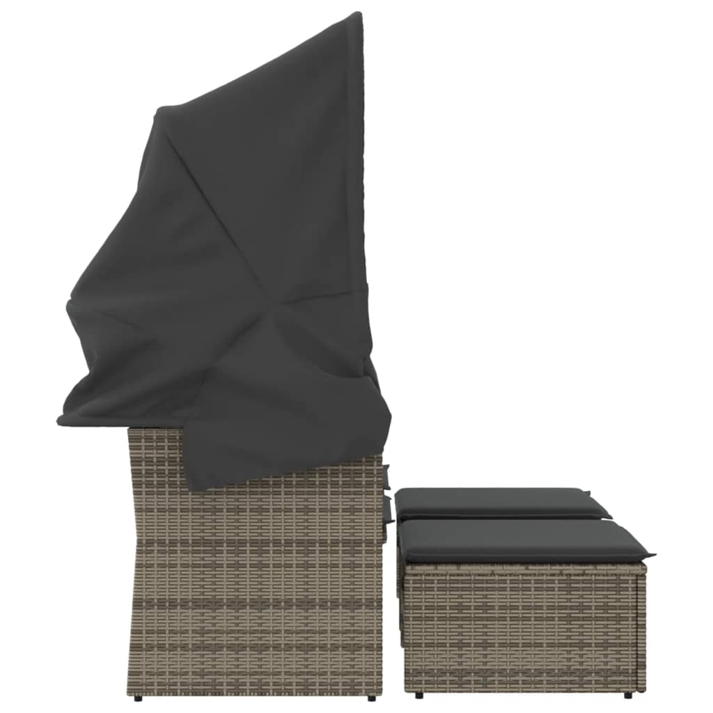 Rattan finish - Garden Sofa 2-Seater with Canopy and Stools Grey Poly Rattan