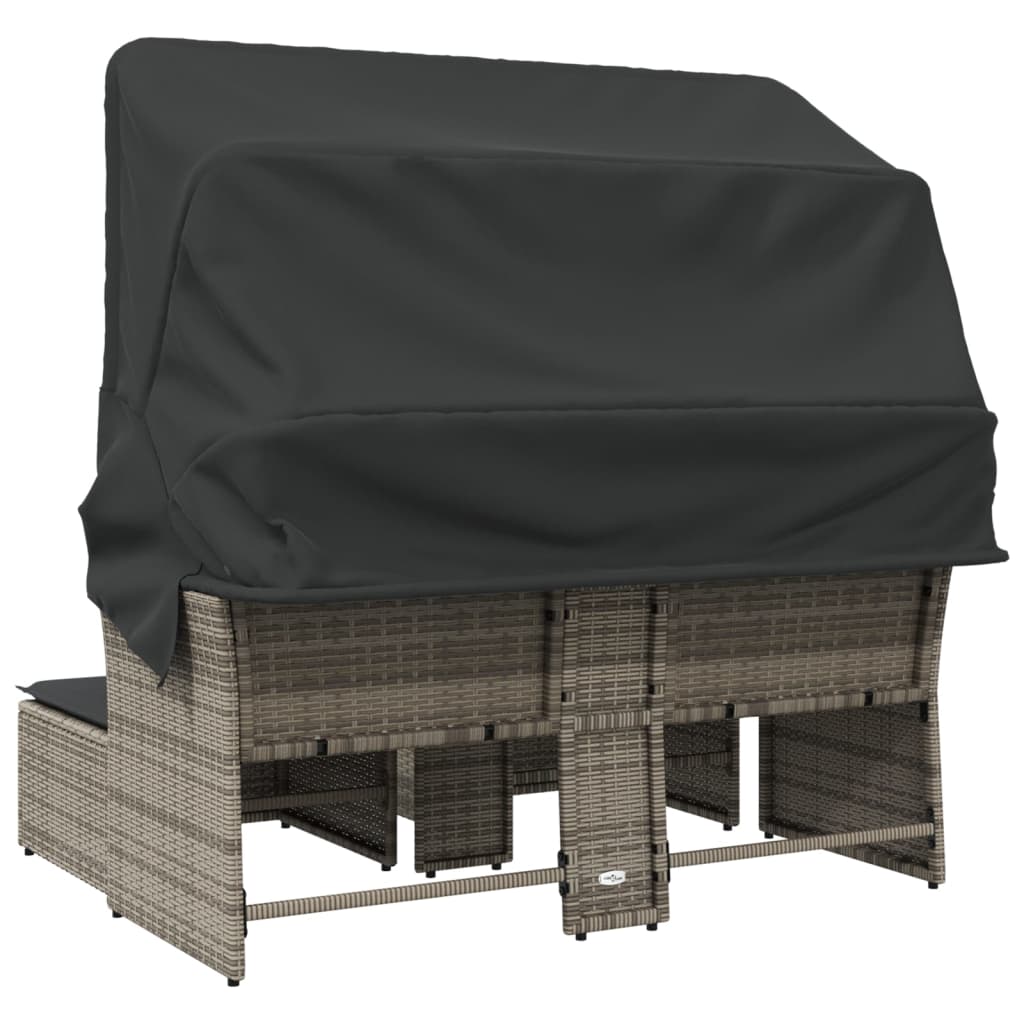 Garden Sofa 2-Seater with Canopy and Stools Grey Poly Rattan | Outdoor Sofas