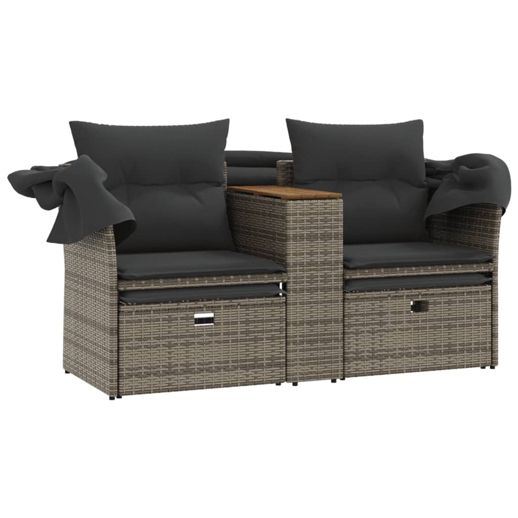 Garden Sofa 2-Seater with Canopy and Stools Grey Poly Rattan, Outdoor Sofas
