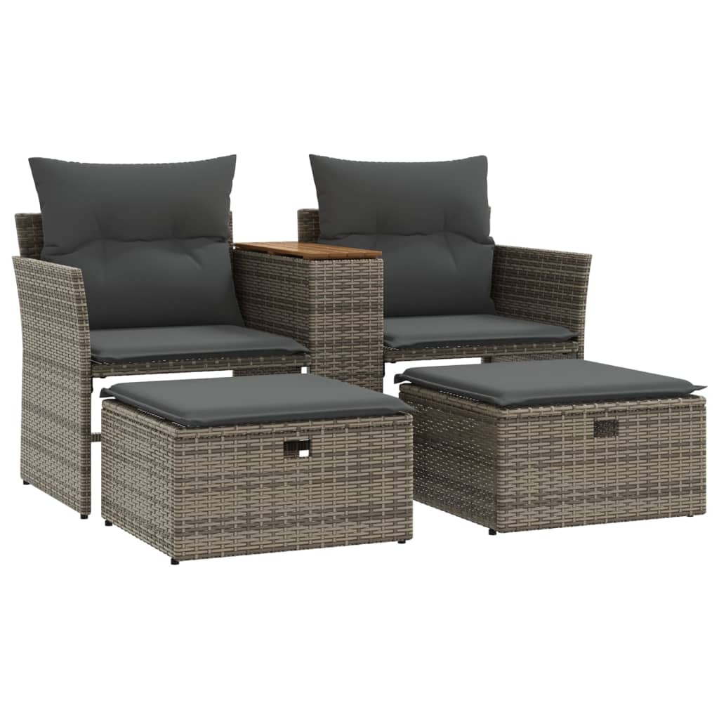 Garden Sofa 2-Seater with Stools Grey Poly Rattan