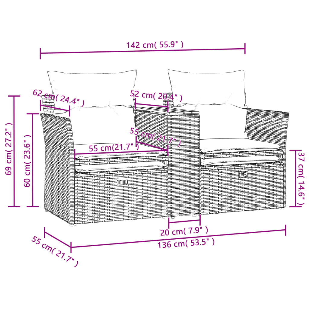 Garden Sofa 2-Seater with Stools Grey Poly Rattan, Rattan finish