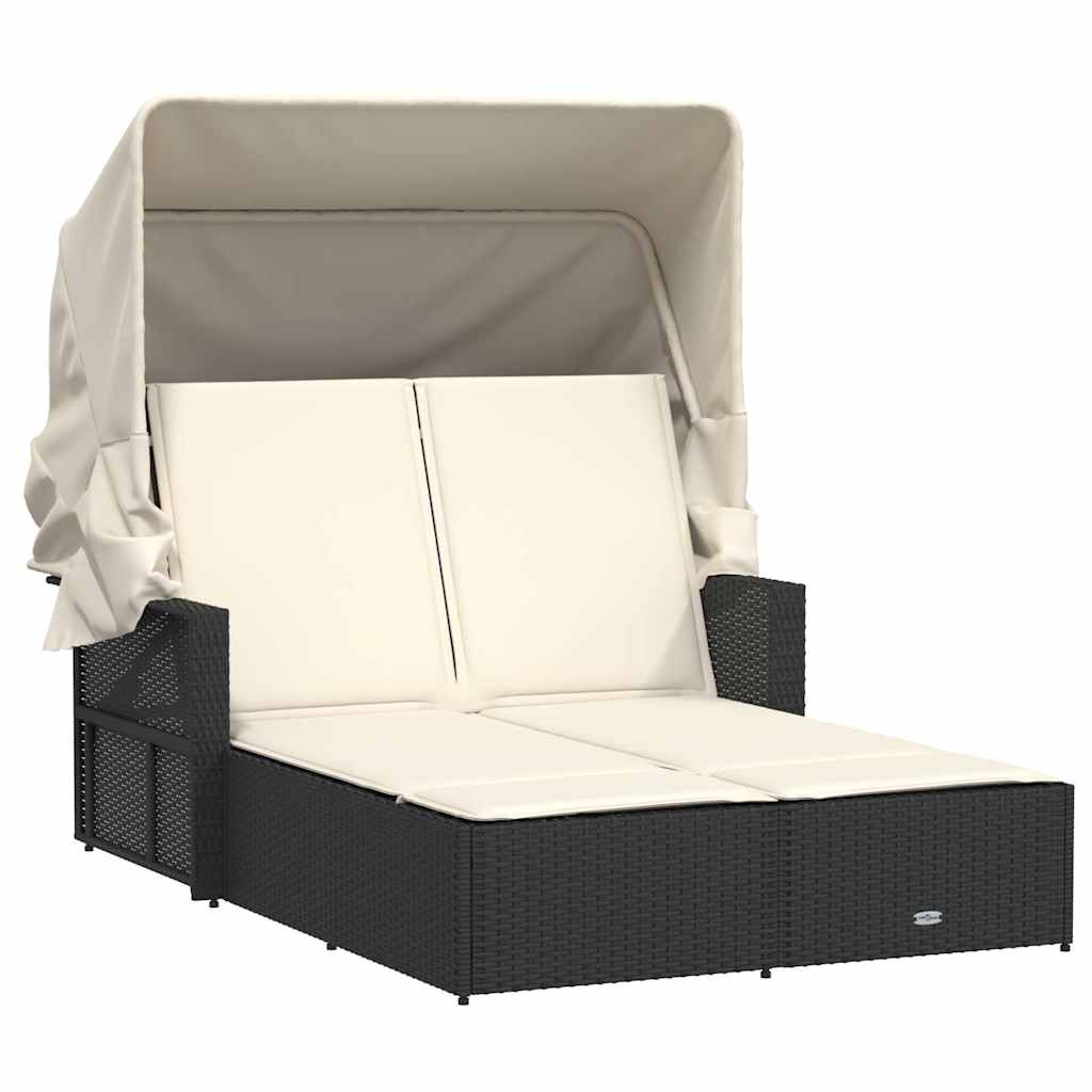 Double - Double Sun Lounger with Canopy and Cushions-Black Poly Rattan