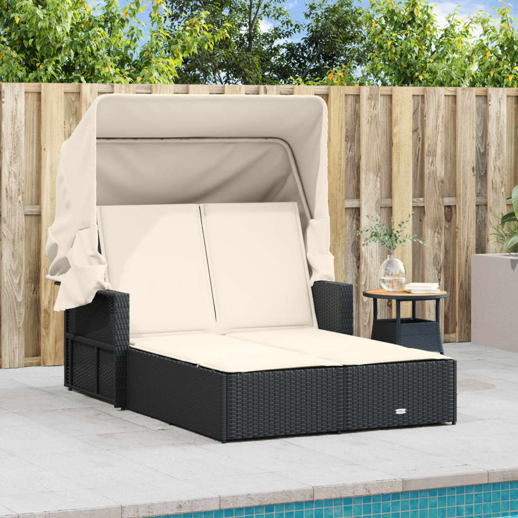 Double Sun Lounger with Canopy and Cushions-Black Poly Rattan