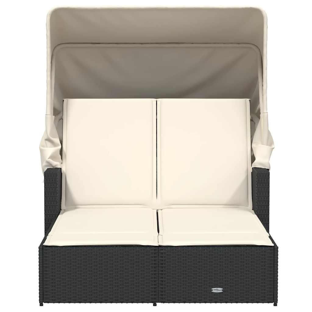 Double Sun Lounger with Canopy and Cushions-Black Poly Rattan, Rattan finish