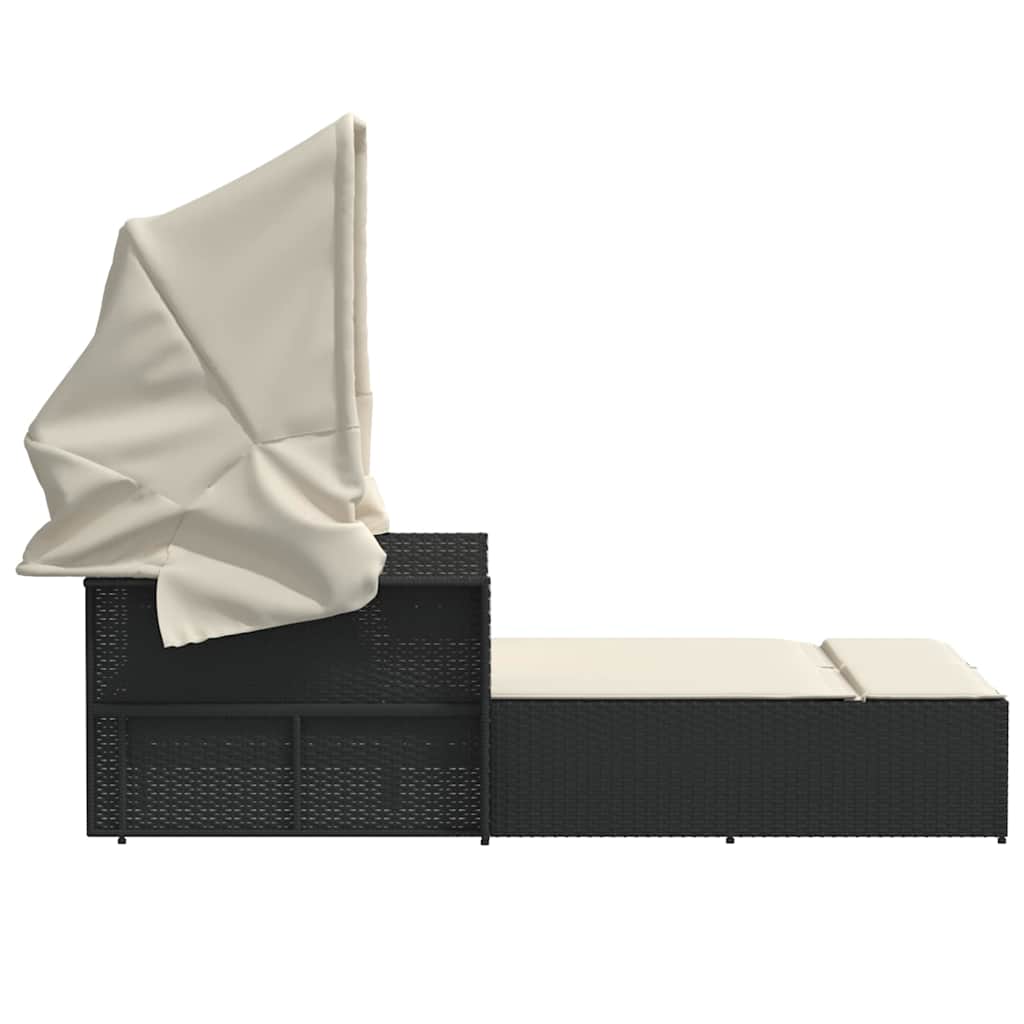 Sun Loungers - Double Sun Lounger with Canopy and Cushions-Black Poly Rattan
