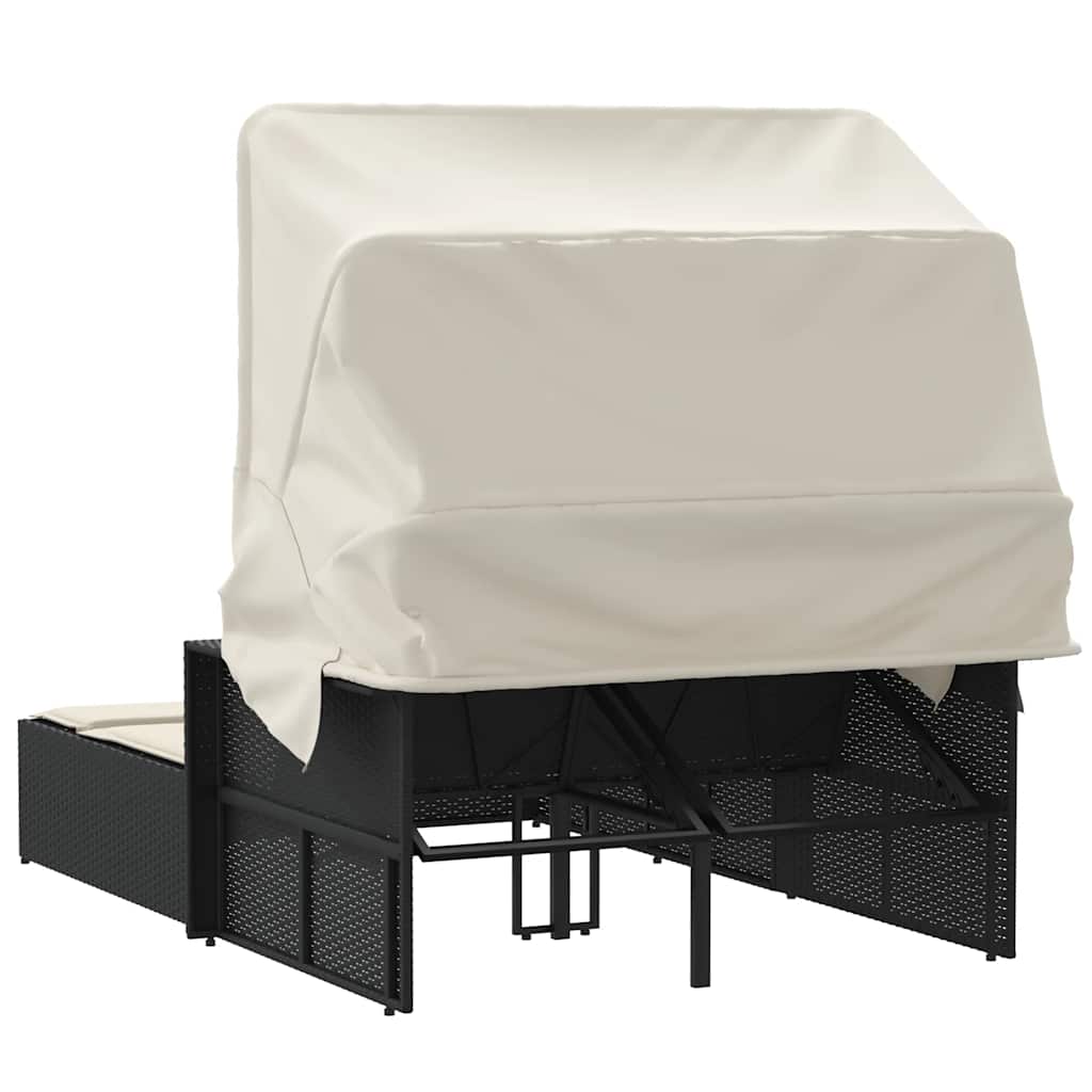 Black colour - Double Sun Lounger with Canopy and Cushions-Black Poly Rattan