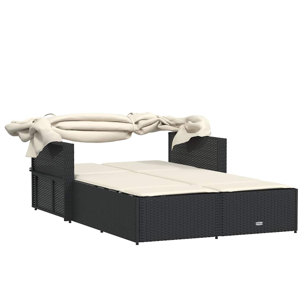 Rattan finish - Double Sun Lounger with Canopy and Cushions-Black Poly Rattan